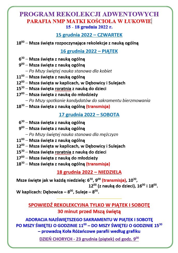 PROGRAM REKOLEKCJI ADWENTOWYCH